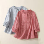 Buddha Stones Spring Plaid Ruffled Crew Neck Design Three Quarter Sleeve Cotton Women's Shirt - image 16