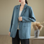 Buddha Stones Spring Casual Solid Color Long Sleeve Cotton Linen Women's Jacket With Pockets - SteelBlue - US8-10，UK/AU12-14，EU40-42 (2XL) - image 9