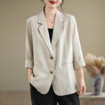 Buddha Stones Spring Casual Solid Color Long Sleeve Cotton Linen Women's Jacket With Pockets - Beige - US8-10，UK/AU12-14，EU40-42 (2XL) - image 1