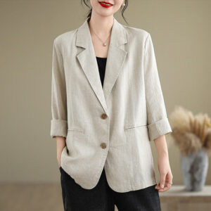Buddha Stones Spring Casual Solid Color Long Sleeve Cotton Linen Women's Jacket With Pockets - Beige - US8-10，UK/AU12-14，EU40-42 (2XL) - image 1
