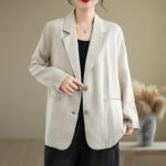 Buddha Stones Spring Casual Solid Color Long Sleeve Cotton Linen Women's Jacket With Pockets - image 2