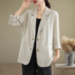 Buddha Stones Spring Casual Solid Color Long Sleeve Cotton Linen Women's Jacket With Pockets - image 3