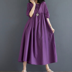 Buddha Stones Casual Solid Color Pleated Design Crew Neck Half Puff Sleeve Cotton Maxi Dress - Purple - US14，UK/AU18，EU46 (2XL) - image 1