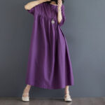 Buddha Stones Casual Solid Color Pleated Design Crew Neck Half Puff Sleeve Cotton Maxi Dress - image 4