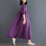 Buddha Stones Casual Solid Color Pleated Design Crew Neck Half Puff Sleeve Cotton Maxi Dress - image 3
