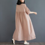 Buddha Stones Casual Solid Color Pleated Design Crew Neck Half Puff Sleeve Cotton Maxi Dress - image 46