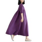 Buddha Stones Casual Solid Color Pleated Design Crew Neck Half Puff Sleeve Cotton Maxi Dress - image 6