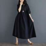 Buddha Stones Casual Solid Color Pleated Design Crew Neck Half Puff Sleeve Cotton Maxi Dress - image 34
