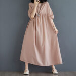 Buddha Stones Casual Solid Color Pleated Design Crew Neck Half Puff Sleeve Cotton Maxi Dress - PeachPuff - US14，UK/AU18，EU46 (2XL) - image 41