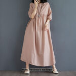 Buddha Stones Casual Solid Color Pleated Design Crew Neck Half Puff Sleeve Cotton Maxi Dress - image 42