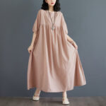 Buddha Stones Casual Solid Color Pleated Design Crew Neck Half Puff Sleeve Cotton Maxi Dress - image 44