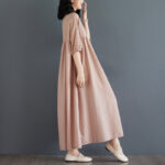 Buddha Stones Casual Solid Color Pleated Design Crew Neck Half Puff Sleeve Cotton Maxi Dress - image 45