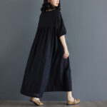 Buddha Stones Casual Solid Color Pleated Design Crew Neck Half Puff Sleeve Cotton Maxi Dress - image 36