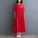 Buddha Stones Casual Solid Color Pleated Design Crew Neck Half Puff Sleeve Cotton Maxi Dress - image 22
