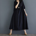 Buddha Stones Casual Solid Color Pleated Design Crew Neck Half Puff Sleeve Cotton Maxi Dress - Black - US14，UK/AU18，EU46 (2XL) - image 32