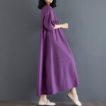Buddha Stones Casual Solid Color Pleated Design Crew Neck Half Puff Sleeve Cotton Maxi Dress - image 5