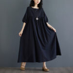 Buddha Stones Casual Solid Color Pleated Design Crew Neck Half Puff Sleeve Cotton Maxi Dress - image 35