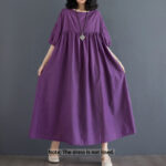 Buddha Stones Casual Solid Color Pleated Design Crew Neck Half Puff Sleeve Cotton Maxi Dress - image 2