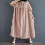 Buddha Stones Casual Solid Color Pleated Design Crew Neck Half Puff Sleeve Cotton Maxi Dress - image 43