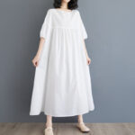 Buddha Stones Casual Solid Color Pleated Design Crew Neck Half Puff Sleeve Cotton Maxi Dress - image 9