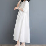 Buddha Stones Casual Solid Color Pleated Design Crew Neck Half Puff Sleeve Cotton Maxi Dress - image 13