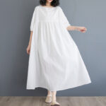 Buddha Stones Casual Solid Color Pleated Design Crew Neck Half Puff Sleeve Cotton Maxi Dress - image 11