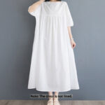 Buddha Stones Casual Solid Color Pleated Design Crew Neck Half Puff Sleeve Cotton Maxi Dress - image 8