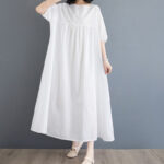 Buddha Stones Casual Solid Color Pleated Design Crew Neck Half Puff Sleeve Cotton Maxi Dress - image 14