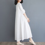 Buddha Stones Casual Solid Color Pleated Design Crew Neck Half Puff Sleeve Cotton Maxi Dress - image 10