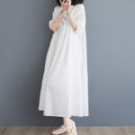 Buddha Stones Casual Solid Color Pleated Design Crew Neck Half Puff Sleeve Cotton Maxi Dress - image 12