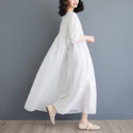 Buddha Stones Casual Solid Color Pleated Design Crew Neck Half Puff Sleeve Cotton Maxi Dress - image 15