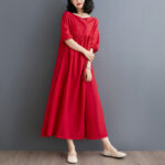 Buddha Stones Casual Solid Color Pleated Design Crew Neck Half Puff Sleeve Cotton Maxi Dress - image 26