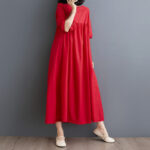 Buddha Stones Casual Solid Color Pleated Design Crew Neck Half Puff Sleeve Cotton Maxi Dress - image 23