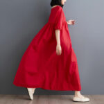 Buddha Stones Casual Solid Color Pleated Design Crew Neck Half Puff Sleeve Cotton Maxi Dress - image 28