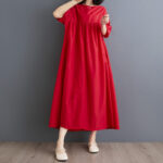 Buddha Stones Casual Solid Color Pleated Design Crew Neck Half Puff Sleeve Cotton Maxi Dress - image 25