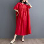 Buddha Stones Casual Solid Color Pleated Design Crew Neck Half Puff Sleeve Cotton Maxi Dress - image 24