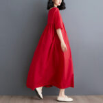 Buddha Stones Casual Solid Color Pleated Design Crew Neck Half Puff Sleeve Cotton Maxi Dress - image 27