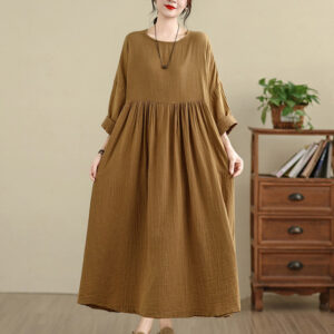 Buddha Stones Vintage Casual Pure Color Long Sleeve Cotton Linen Maxi Dress With Pockets - Goldenrod - US4-12，UK/AU8-18，EU36-46(F) - image 1