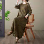 Buddha Stones Vintage Olive Printing Flower Long Sleeve Cotton Linen Maxi Dress With Pockets - image 7