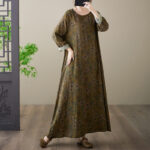 Buddha Stones Vintage Olive Printing Flower Long Sleeve Cotton Linen Maxi Dress With Pockets - image 4