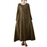 Buddha Stones Vintage Olive Printing Flower Long Sleeve Cotton Linen Maxi Dress With Pockets - image 13