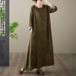 Buddha Stones Vintage Olive Printing Flower Long Sleeve Cotton Linen Maxi Dress With Pockets - image 3