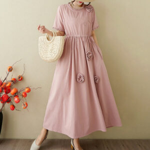 Buddha Stones Three-Dimensional Flower Design Ruffled Neck Cotton Linen Maxi Dress With Pockets - DarkSalmon - US8-10，UK/AU12-14，EU40-42 (2XL) - image 1
