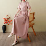Buddha Stones Three-Dimensional Flower Design Ruffled Neck Cotton Linen Maxi Dress With Pockets - image 7