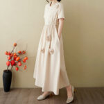 Buddha Stones Three-Dimensional Flower Design Ruffled Neck Cotton Linen Maxi Dress With Pockets - image 21