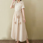 Buddha Stones Three-Dimensional Flower Design Ruffled Neck Cotton Linen Maxi Dress With Pockets - image 20