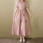 Buddha Stones Three-Dimensional Flower Design Ruffled Neck Cotton Linen Maxi Dress With Pockets - image 5