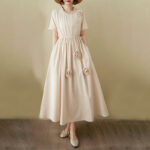 Buddha Stones Three-Dimensional Flower Design Ruffled Neck Cotton Linen Maxi Dress With Pockets - image 19