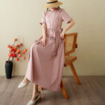 Buddha Stones Three-Dimensional Flower Design Ruffled Neck Cotton Linen Maxi Dress With Pockets - image 8
