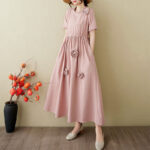 Buddha Stones Three-Dimensional Flower Design Ruffled Neck Cotton Linen Maxi Dress With Pockets - image 3